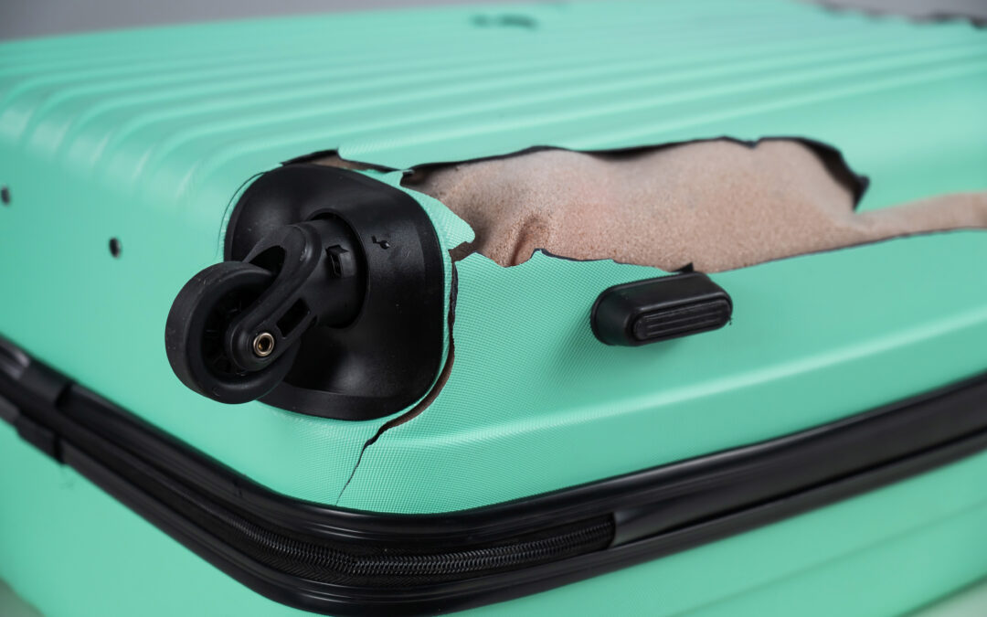 Mint damaged suitcase on a white background.